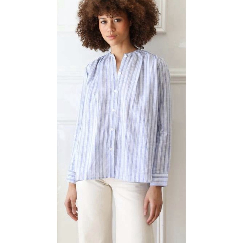 Mille Florian Linen Top Montauk Blue Stripe Long Sleeve Large Flowy Fit Beach